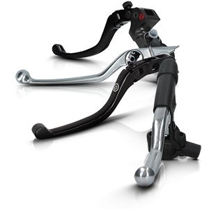 Black and silver clutch levers for motorcycles in various designs.